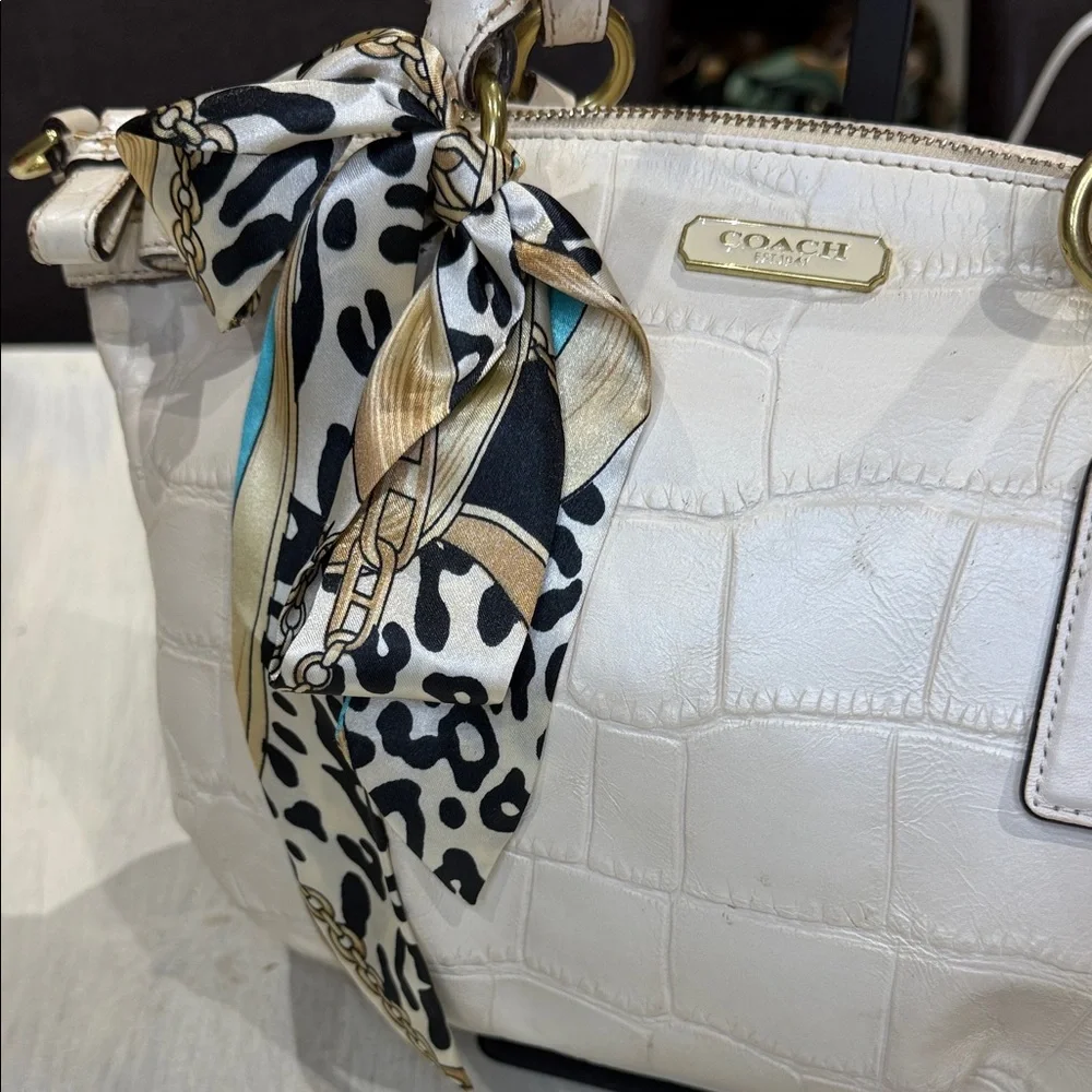 Coach Ivory Croc-Embossed Satchel with Scarf